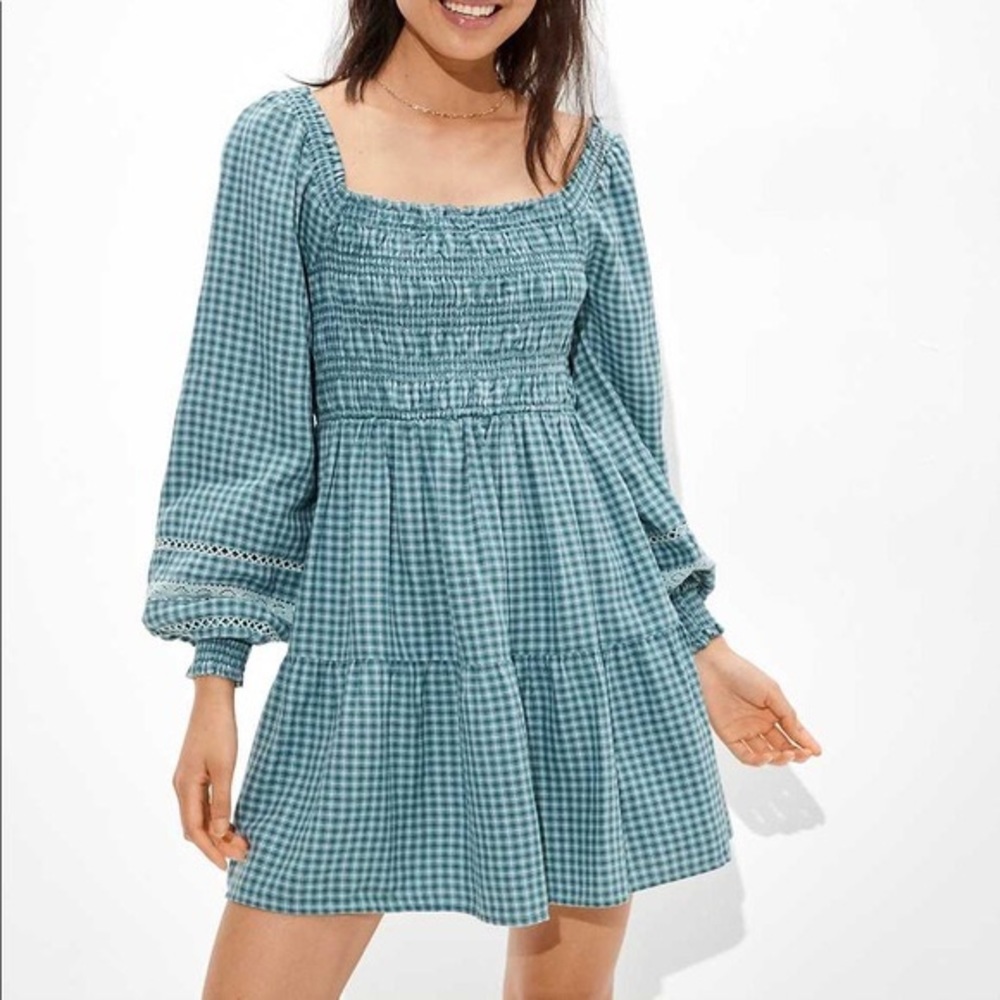American Eagle Plaid Mini Dress Smocked Long Sleeve Square Neck Gingham Babydoll